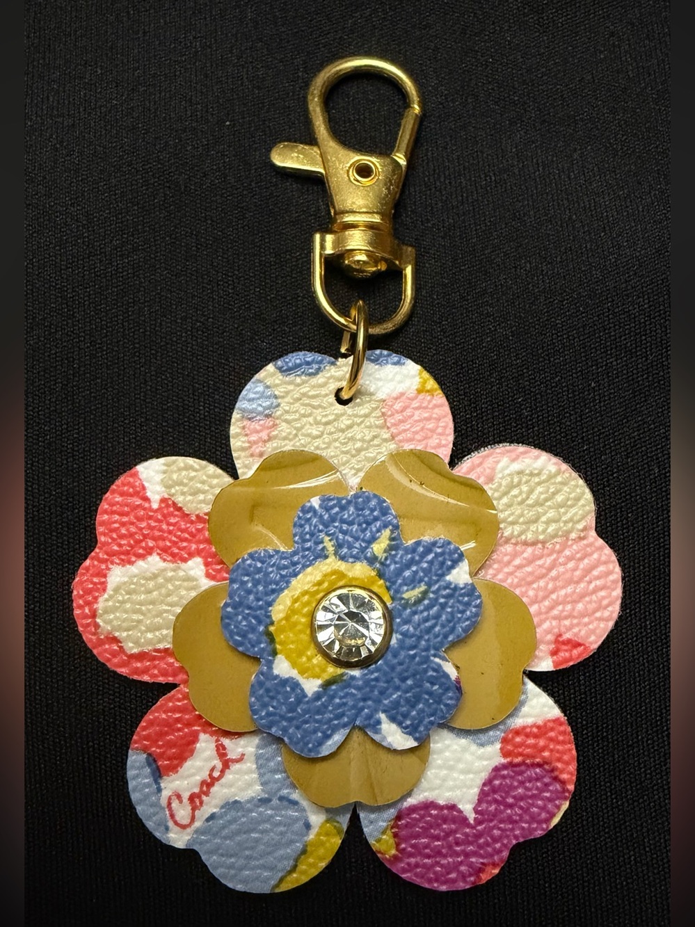 Upcycled COACH Gold & Multi Floral Faux Leather Keychain Charm